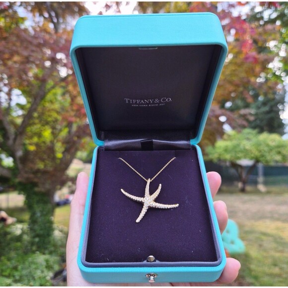 Vintage Tiffany & Co. Elsa Peretti 18k Pave Diamond Large Starfish Necklace - Picture 1 of 13
